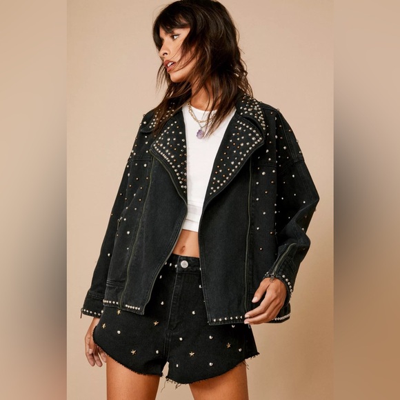 Nasty Gal Jackets & Blazers - Nasty Gal Jacket Studded Denim Biker Black Moto NWT Size XL
